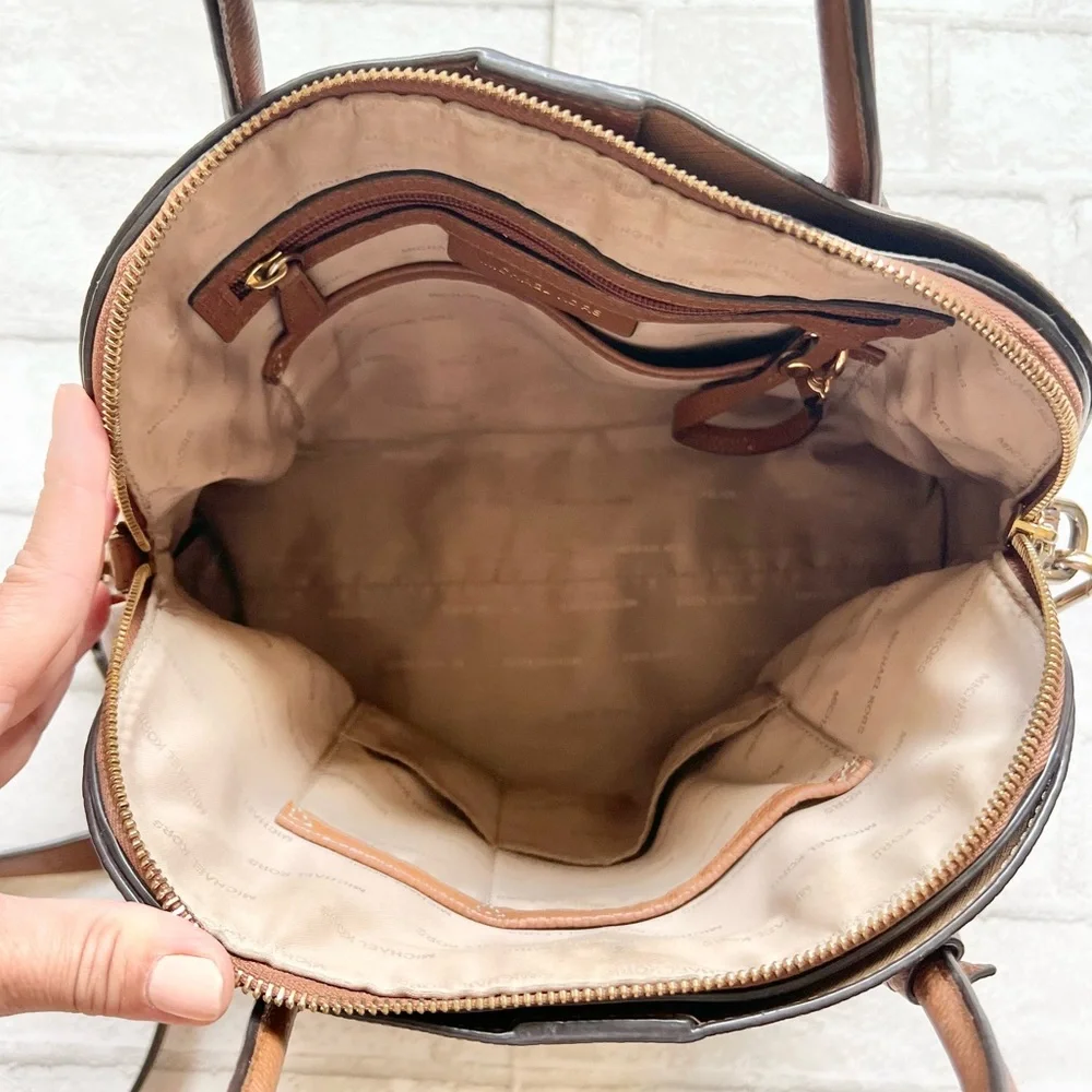 Michael Kors Mercer Medium Dome Satchel Bag Brown Leather with Shopping Bag